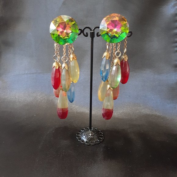 Vintage Aurora Borealis Dangle Clip Earrings four inches - Picture 2 of 10